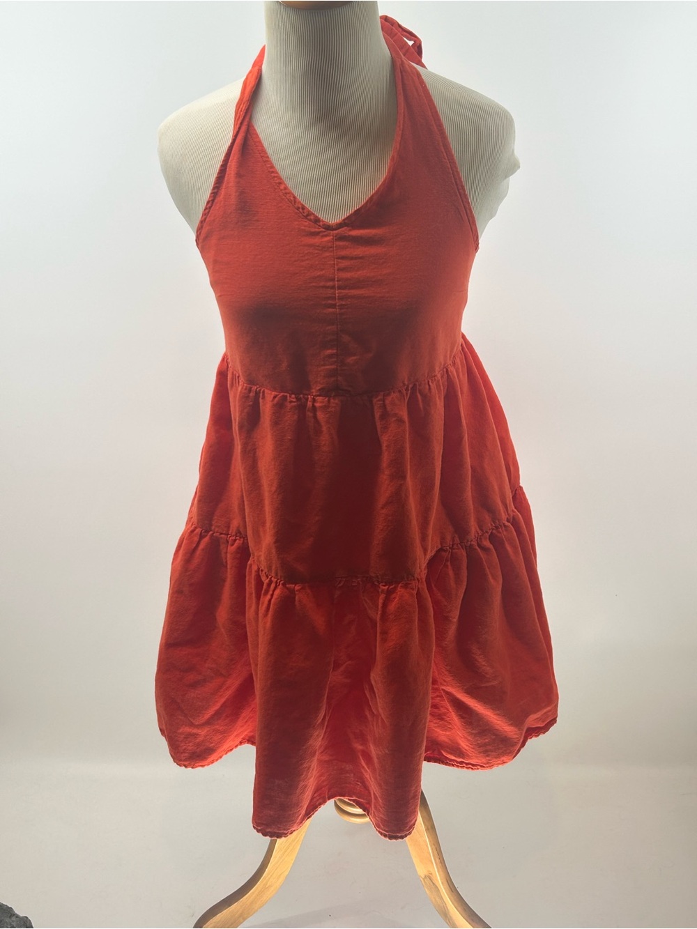 American Eagle Orange V-Neck Halter Dress Tiered Layered Cotton Linen Size M
